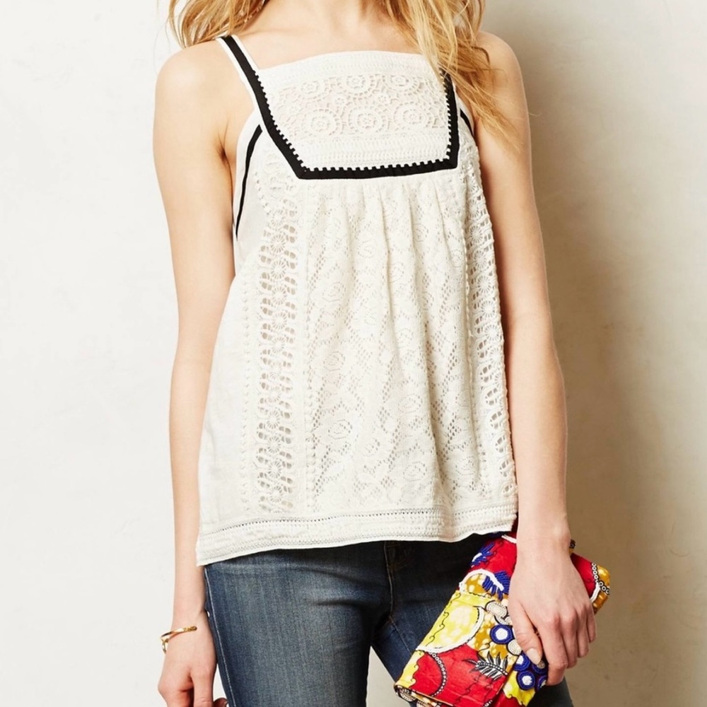 Lace Square-Neck Cami Tank Top — White with Black Trim